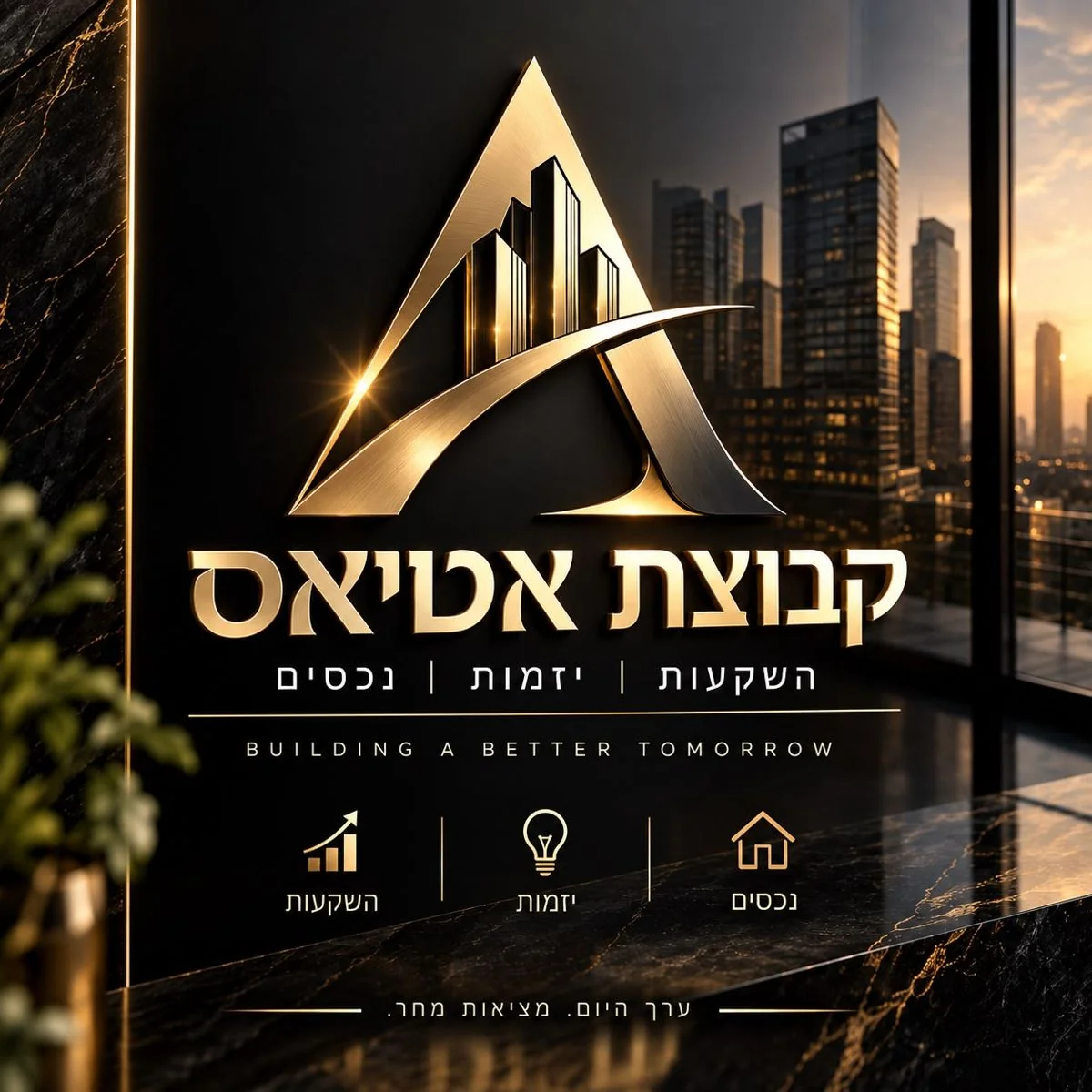 לוגו קבוצת אטיאס: סמל זהוב בצורת משולש עם קווי בניינים, ומתחתיו הכיתוב קבוצת אטיאס, השקעות | יזמות | נכסים, והסלוגן Building a better tomorrow